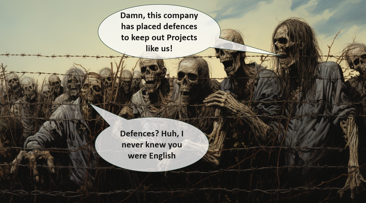Zombies at fence — Defences? Huh, I never knew you were English